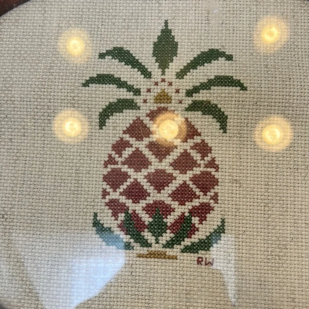 Wooden Tray with Glass Top Covering a Hand Cross Stitched Pineapple